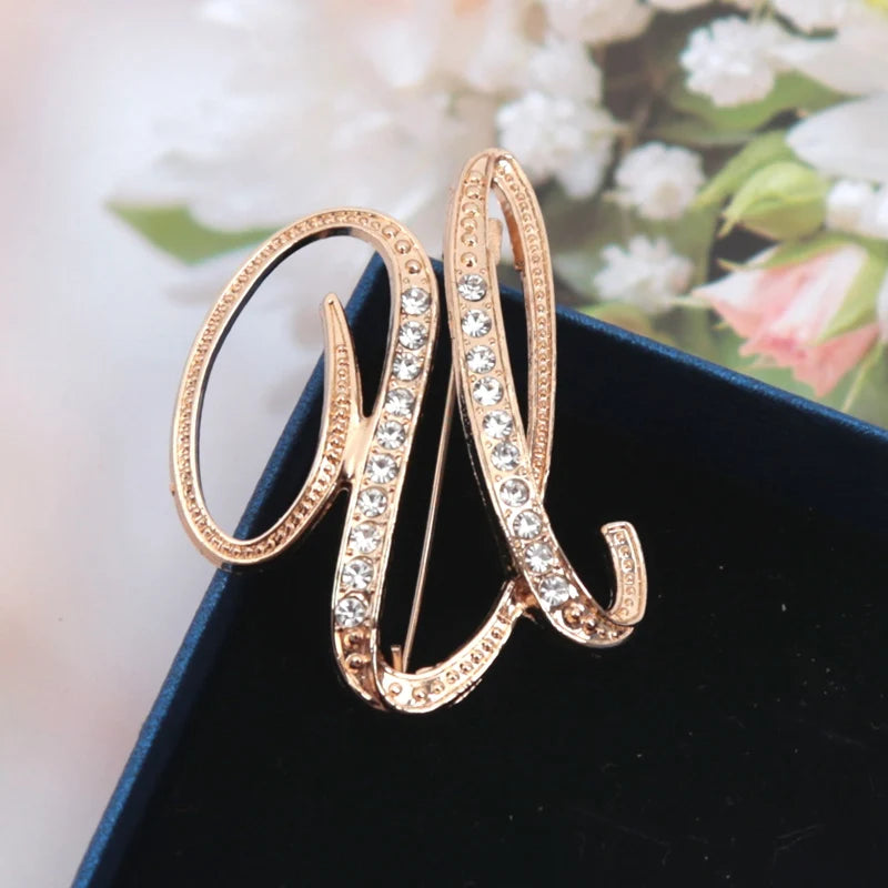 Fashion Women Rhinestone Brooch A-z English Letter Gold Metal Pins Qme U