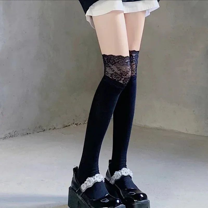 Women Korean Solid Sexy Lace Stockings Lolita Girls Thigh Over Knee Qme