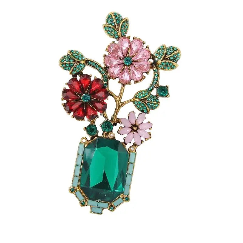 Vintage Emerald Crystal Flower Vase Brooch Shiny Rhinestone Decor Anti-Fade Lapel Pin Gift for Women Friend Qme