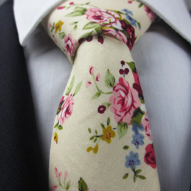 Slim Cotton Necktie Print Custom Classic Fashion Elegant Floral Qme YELLOW