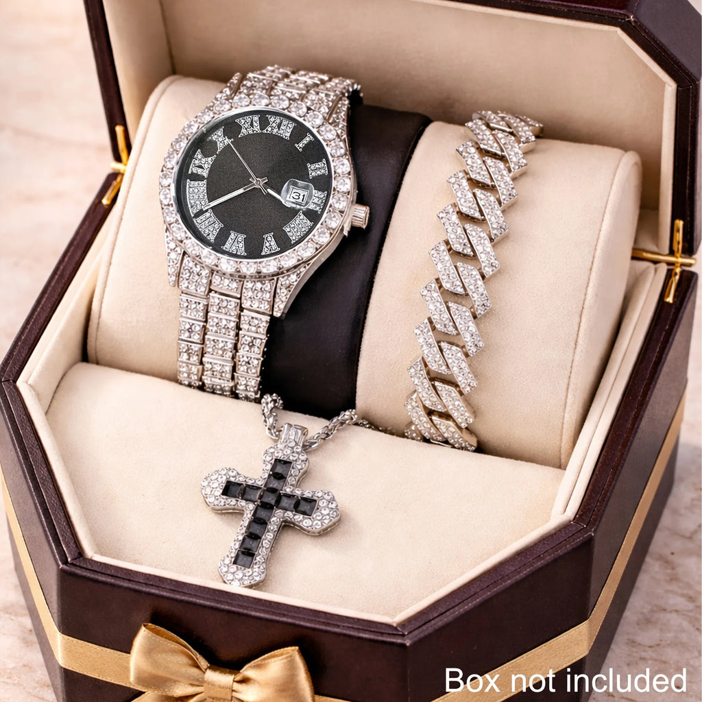 Men's Hip hop Cuban Chain Watch Set Hip hop Big Dog Chain Large Dial Roman Inlaid Diamond Men's Quartz Watch Qme Bronze
