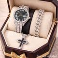 Men's Hip hop Cuban Chain Watch Set Hip hop Big Dog Chain Large Dial Roman Inlaid Diamond Men's Quartz Watch Qme Bronze