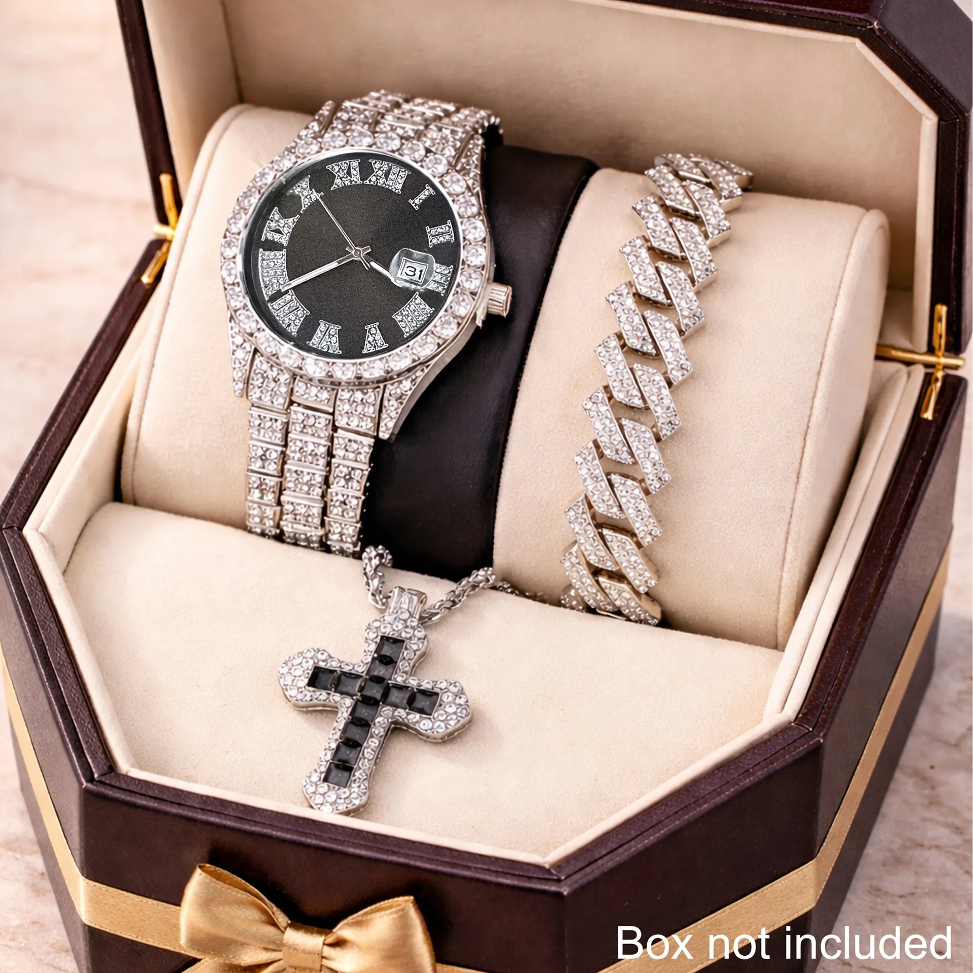 Men's Hip hop Cuban Chain Watch Set Hip hop Big Dog Chain Large Dial Roman Inlaid Diamond Men's Quartz Watch Qme Bronze