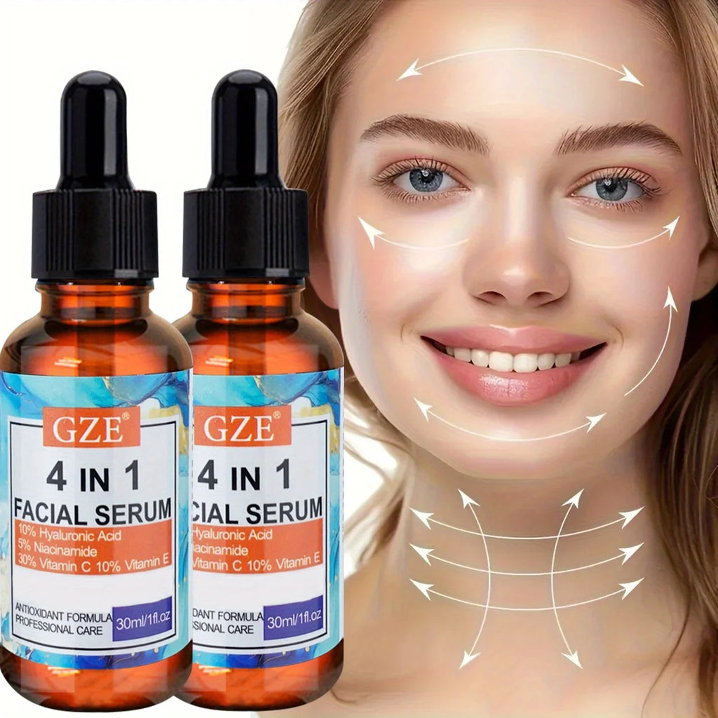 2pcs GZE 4-in-1 Face Serum with Hyaluronic Acid, Peptides, Vitamin C & E, Hydrates, Suitablefor All Skin Types Qme