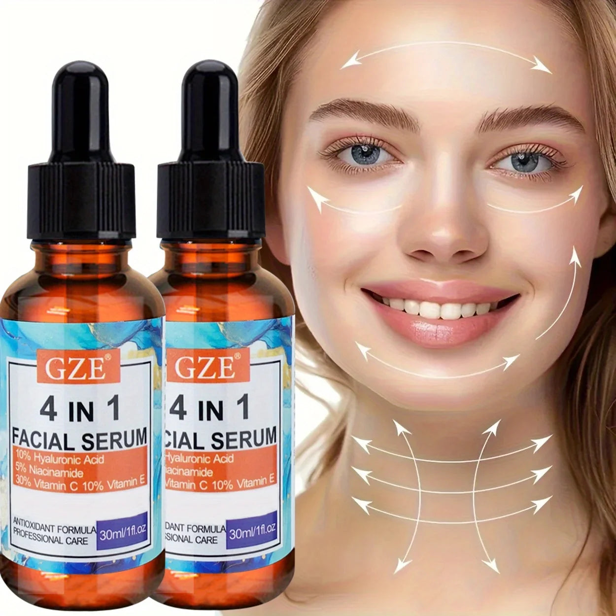 2pcs GZE 4-in-1 Face Serum with Hyaluronic Acid, Peptides, Vitamin C & E, Hydrates, Suitablefor All Skin Types Qme