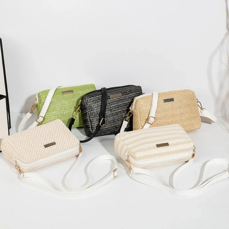 Portable Bohemian Style Straw Woven Bag Handbag Wallet Straw Bucket Bag Wallet Shoulder Bag Straw Crossbody Summer Qme