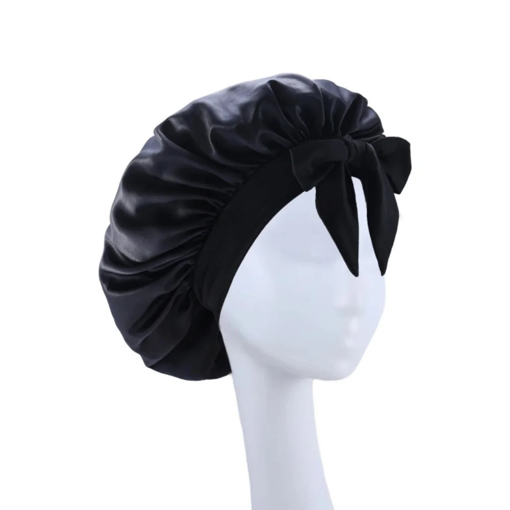 Satin Solid Hair Dye Cap With Stretchy Tie Band Elastic Night Shower Cap Adjustable Hair Head Cover Bonnet Turban For Women Men Qme black