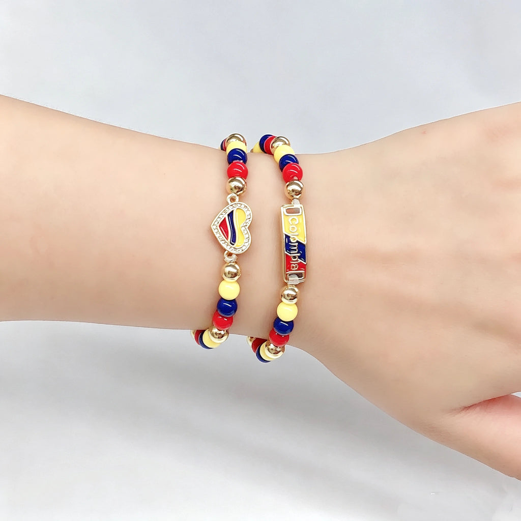 New Enamel Art Gold Plated Venezuela Mexico Colombia Flag Beaded Stretch Bracelet for Men Women Holiday Anniversary Jewelry Qme