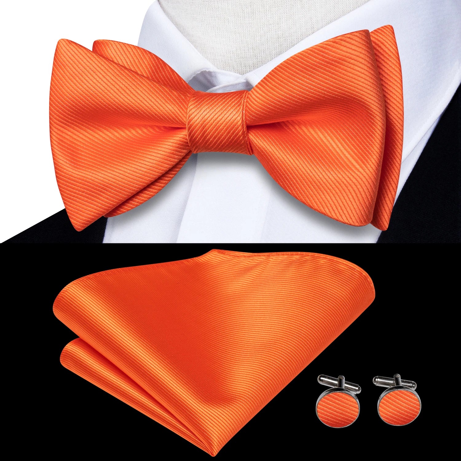 Hi-tie Silk Mens Self Bow Tie Hanky Cufflinks Blue Red Gold Black Qme LH-2076