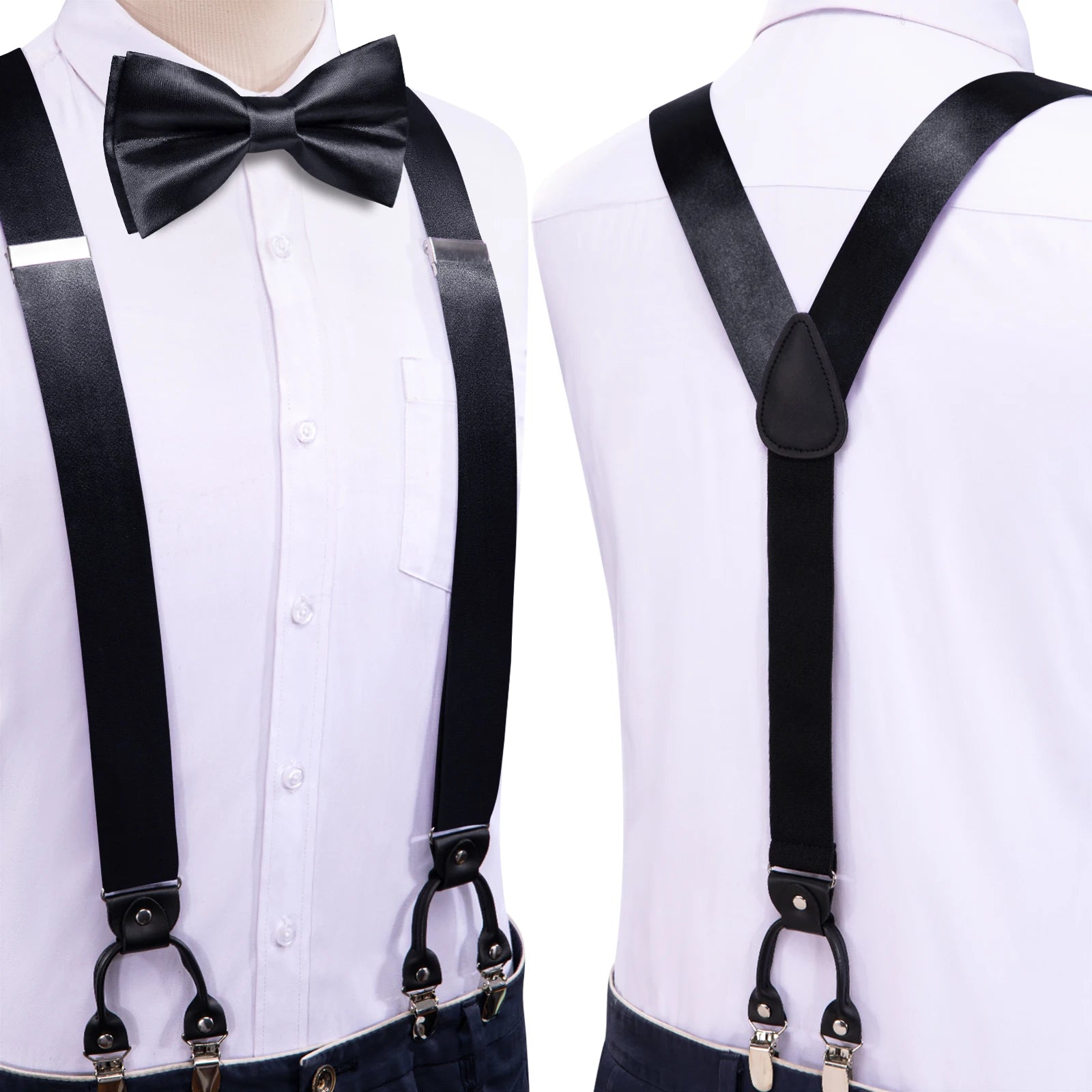 Hi-tie Silk Mens Braces Bowtie Hanky Cufflinks Y Back Clip Adjustable