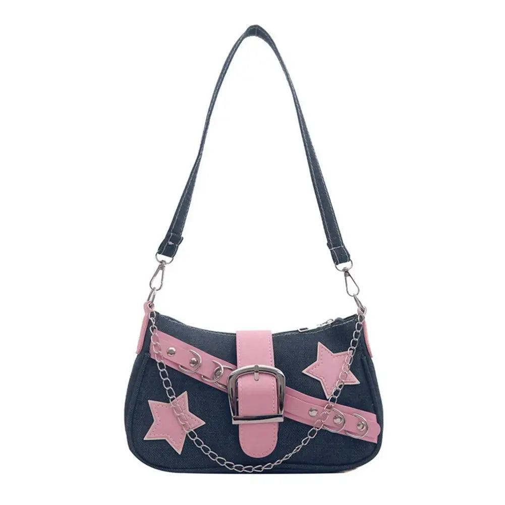 Fashion Women's Handbags Denim Stars Pattern Cool Girls Underarm Bag Female Small Shoulder Hobo Bags Chain Tote Bag Qme C