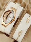 2Pcs Elegant Half Crystal Black Dial Watch Leaf Bracelet Set Qme WHITE