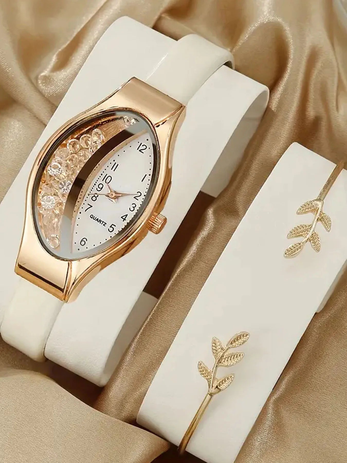 2Pcs Elegant Half Crystal Black Dial Watch Leaf Bracelet Set Qme WHITE