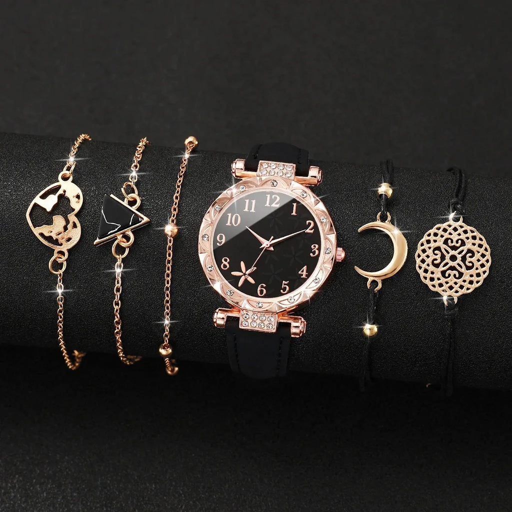 6PCS/Fashion Women's Watch Set Simple Leather Strap Quartz Women's Watch Set Girl Gift Qme black No