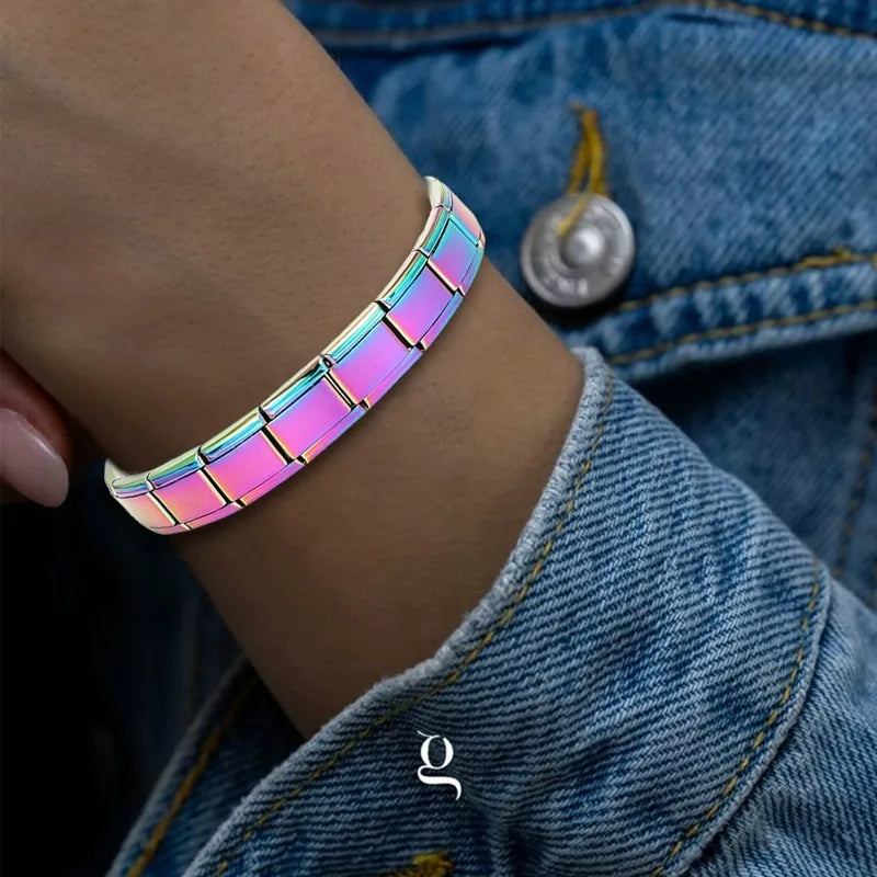 Italian Charms Laser Rose Color Stainless Steel Elastic Link Bangle 9mm Width Hand Chain DIY Module Bracelets Making JewelryGift Qme