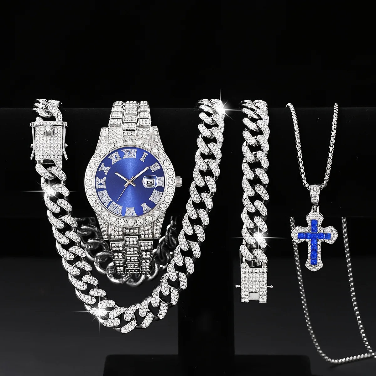 Men's Bling Jewelry Set: Silver Iced Out Watch + Cuban Link Chain + Bracelet + Blue Cross Pendant Necklace, 4Pcs Hip Hop Set Qme Bronze
