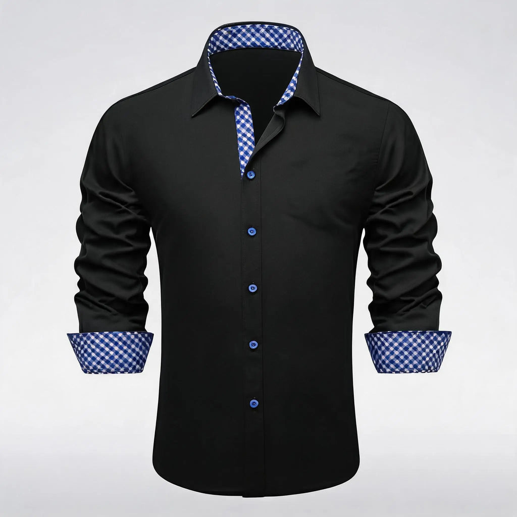 Soft Solid LS Plaid Collar Cuff Patch Shirts Black or Dark Gray Daily Office Casual Button Wear Tops Qme