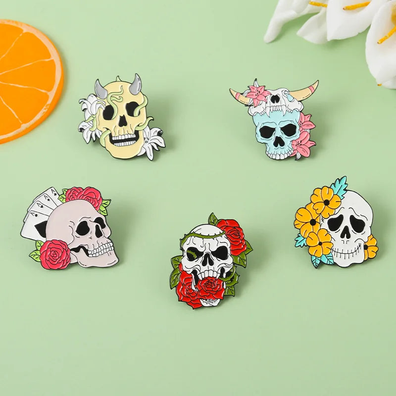 Flower Skeleton Enamel Pins Skull Badges Punk Plant Brooches Lapel Clothes Backpack Gothic Women Men Kids Jewelry Gift Wholesale Qme