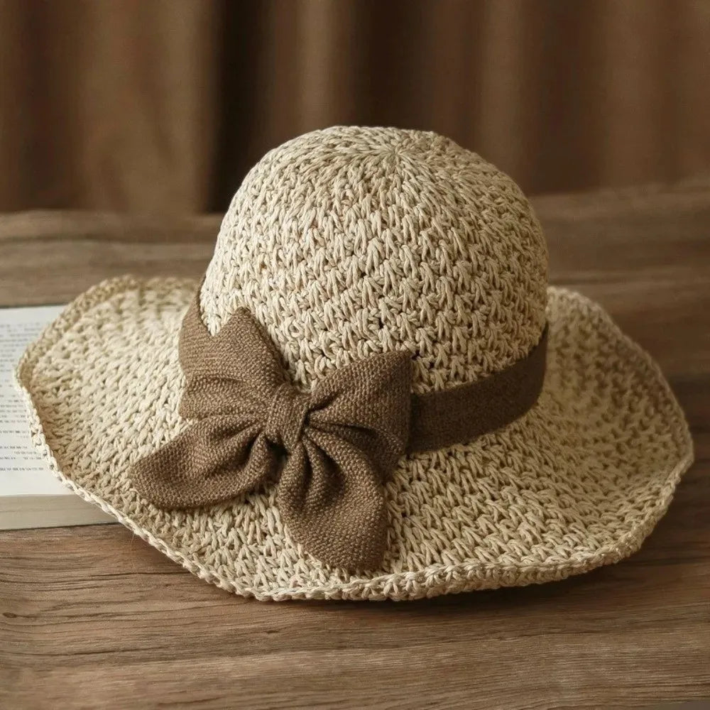 Vintage Wide Brim Beach Straw Hat Bowknot Breathable Sunshade Bucket Qme