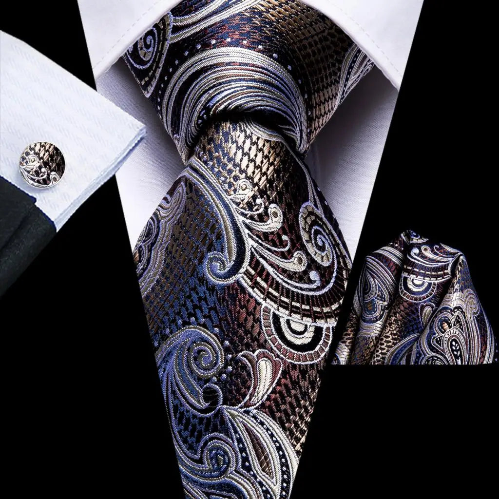 Hi-Tie Paisley Brown Tie For Men Elegant Mens Necktie Pocket Square Cufflink Groom Wedding Accessory Wholesale New Designer Qme 1N-3212