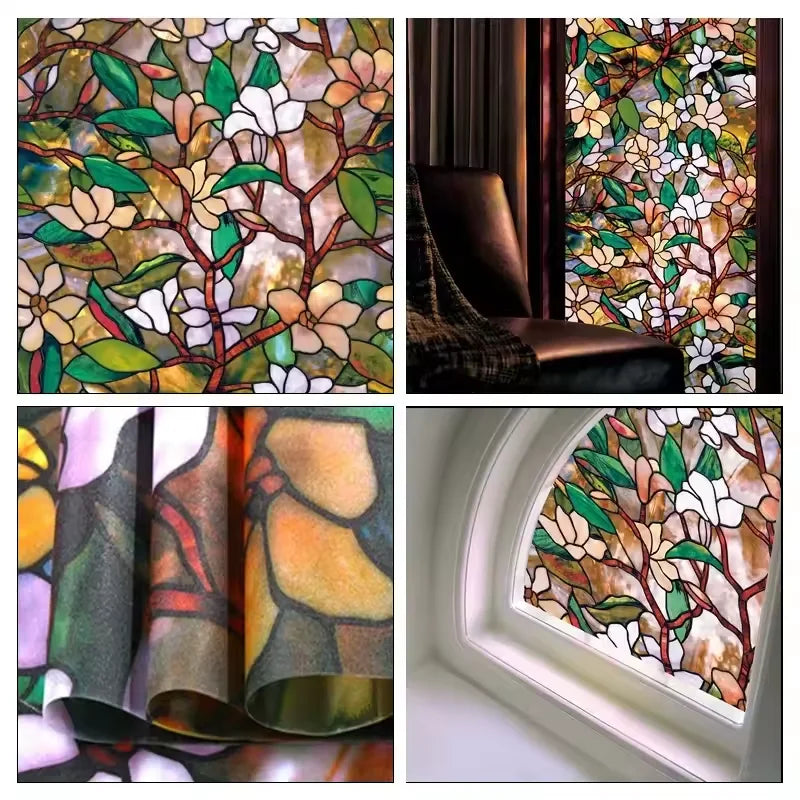 Window Privacy Film Static Film Magnolia Static PVC Privacy Protection Home Decoration Glass Foil for Window Door Cabinet Table Qme
