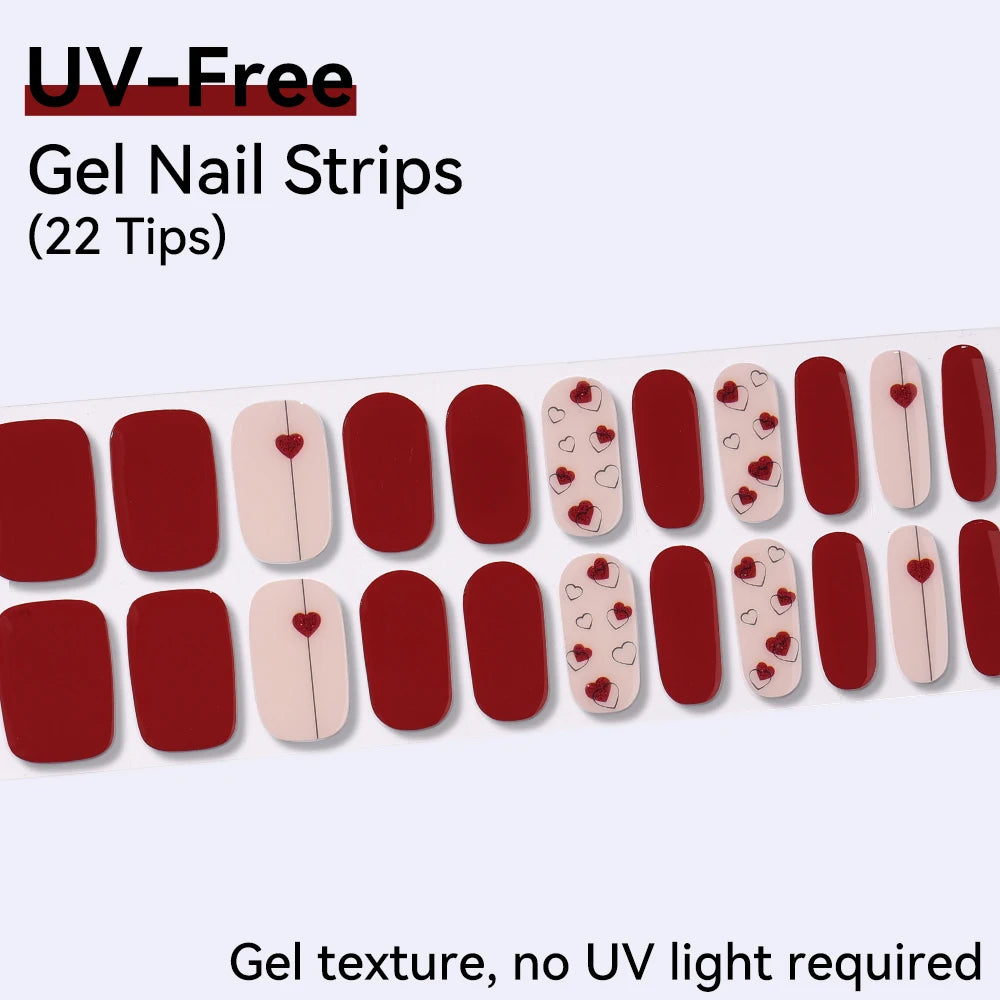 22 Tips Sheet Red French Heart UV-Free Gel Nail Stickers Long-lasting Qme BSA-0382