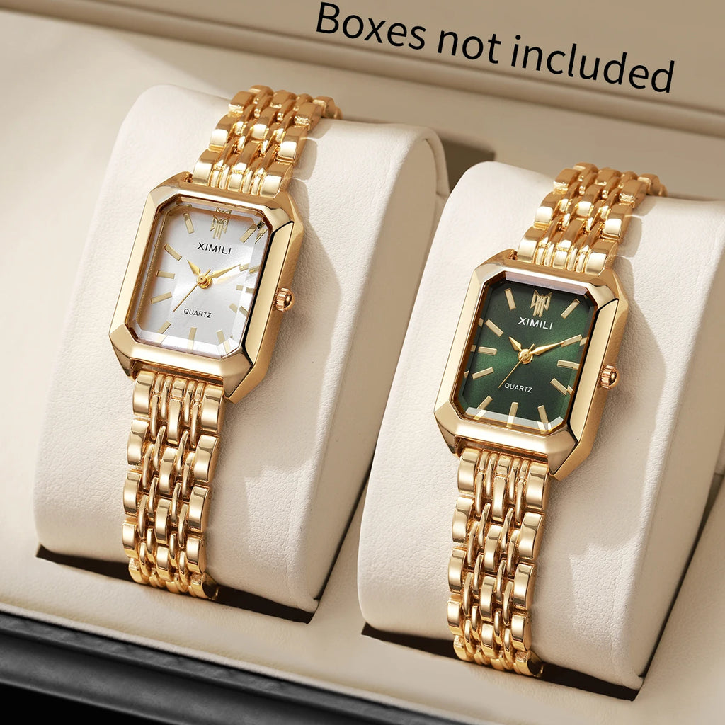 Women Gold Square Quartz Watch Green White Dial Thin Steel Band Wristwatch Qme
