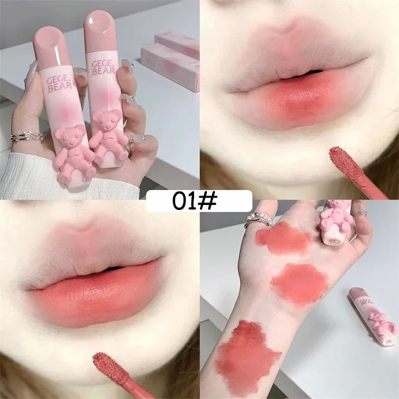 Cute Bear Lip Gloss Waterproof Long Lasting Non Fading Matte Lip Glaze Moisturing Non-marking Red Brown Velvet Liquid Lipsticks Qme 01