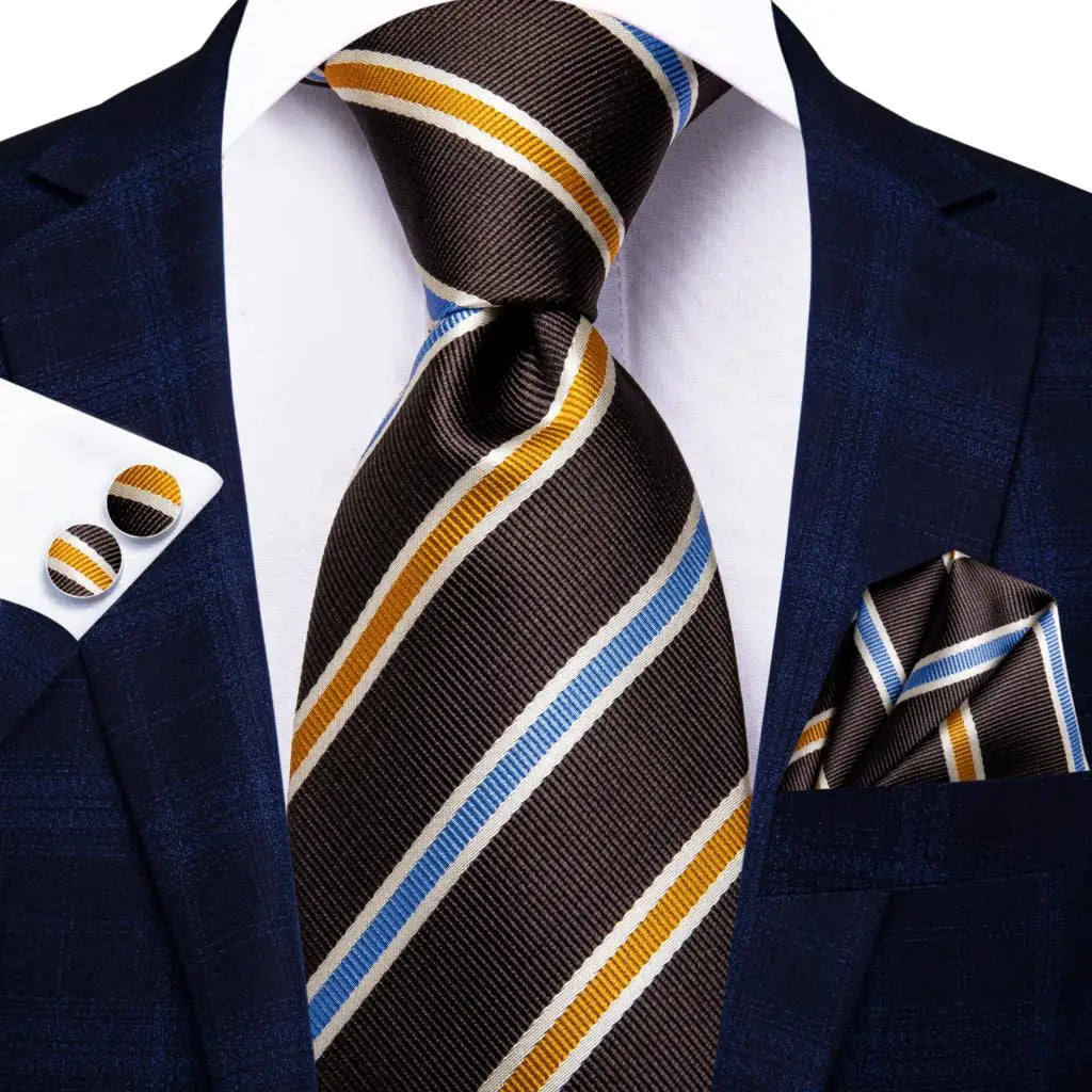 Hi-Tie Paisley Brown Tie For Men Elegant Mens Necktie Pocket Square Cufflink Groom Wedding Accessory Wholesale New Designer Qme 1N-3343