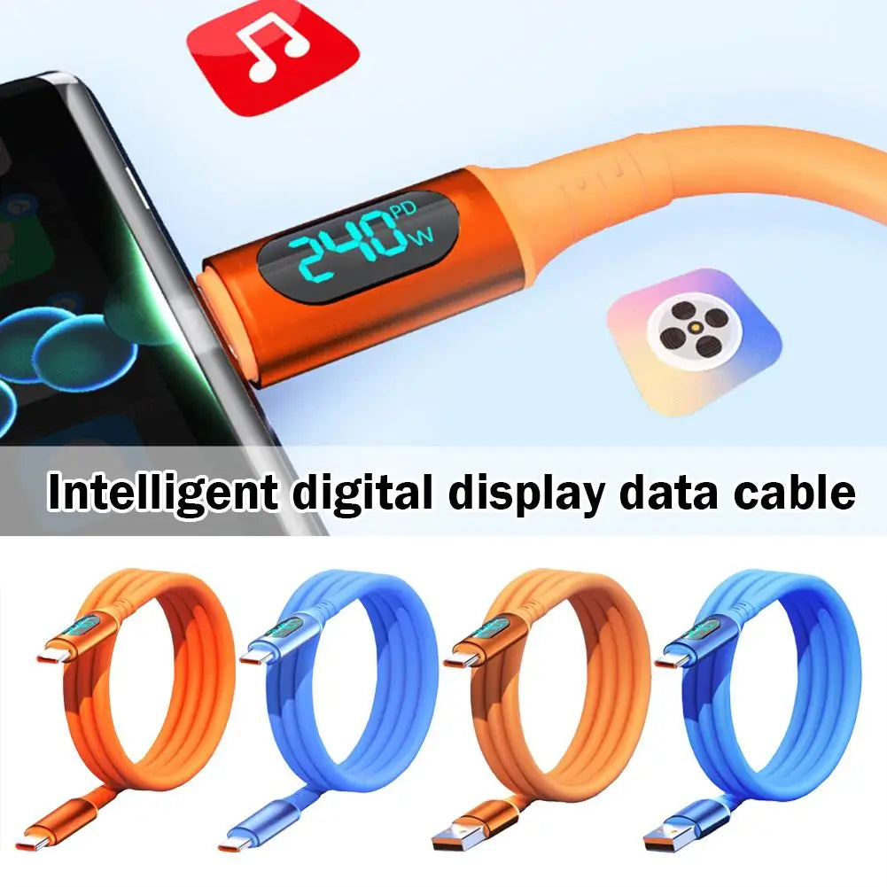 USB C Cable Charger Cord 240W Digital Display Fast Charging Silicone Qme