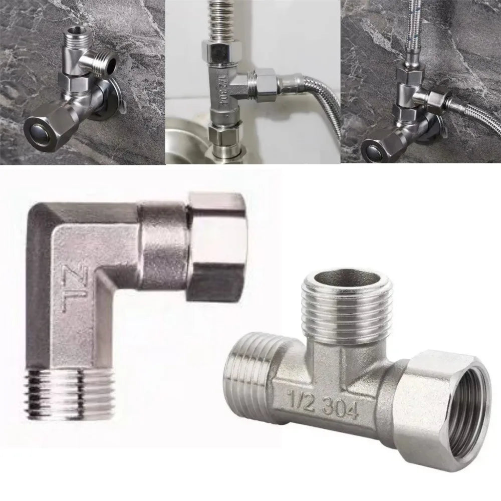 G1/ 2" Stainless Steel Way T-Adapter Bathroom Shower Valve Faucet Water Splitter Toilet Shower Spray Nozzle Converter Pipe Elbow Qme
