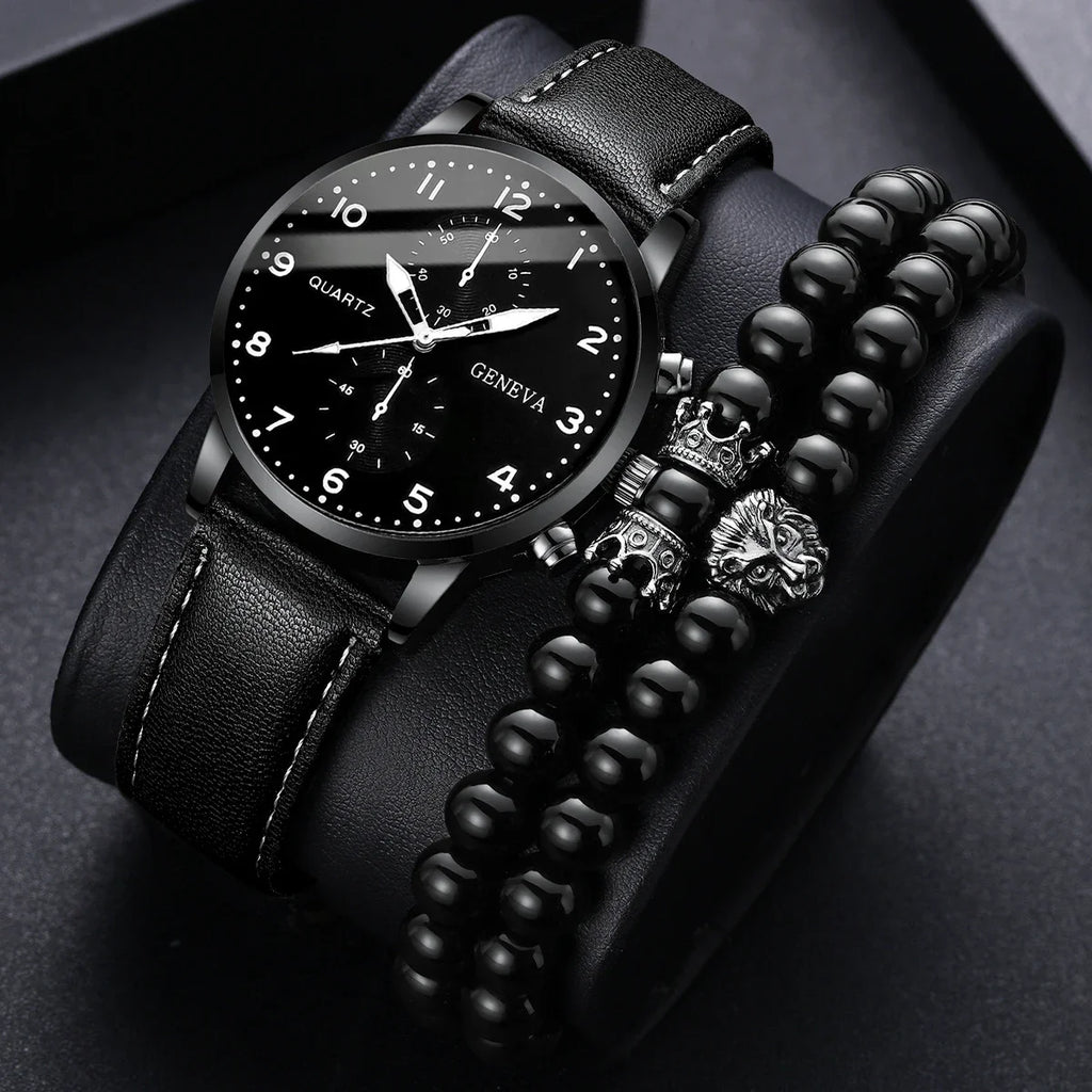 3 Pçs/set Relógio Masculino Casual Pulseira De Couro Relógios De Quartzo Conjunto De Pulseiras De Contas (Sem Caixa) Qme black