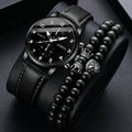 3 Pçs/set Relógio Masculino Casual Pulseira De Couro Relógios De Quartzo Conjunto De Pulseiras De Contas (Sem Caixa) Qme black