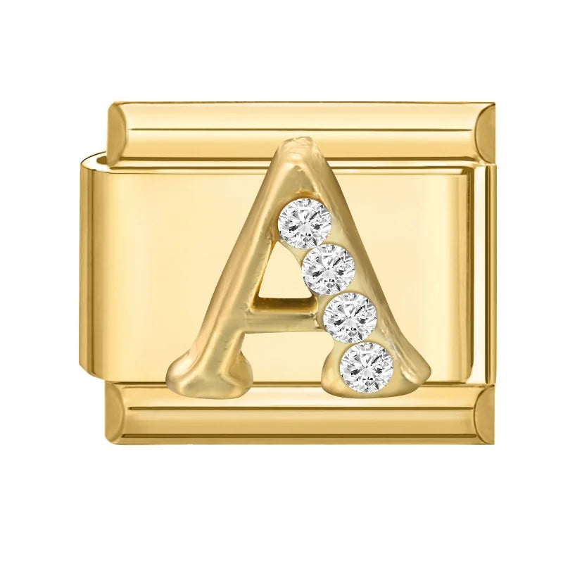 Wholesale Shiny CZ 26 Letters A-Z Gold Color Italian Charms Gold Plated 9mm Stainless Steel Modular Bracelet DIY Jewelry Gift Qme A
