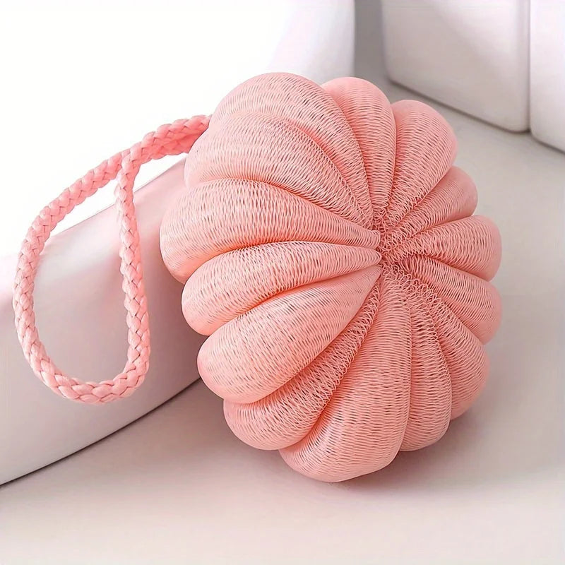 Cute Pumpkin Shaped Bath Sponge, Soft PE Mesh Shower Loofah, Exfoliating Bath Ball With Hanging Rope, 4 Colors Qme