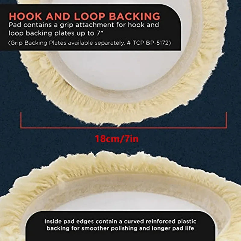 7in Wool Hook & Loop Grip Buffing Pad For Compound Cutting & Polishing For Automotive, Marine And Epoxies Qme