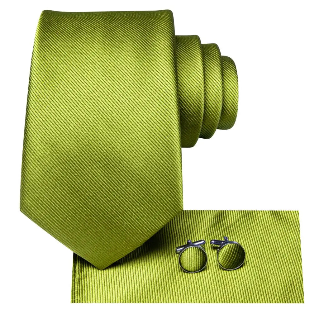 Hi-tie Solid Green Orange Mens Fashion Necktie Handkerchief Cufflinks Qme