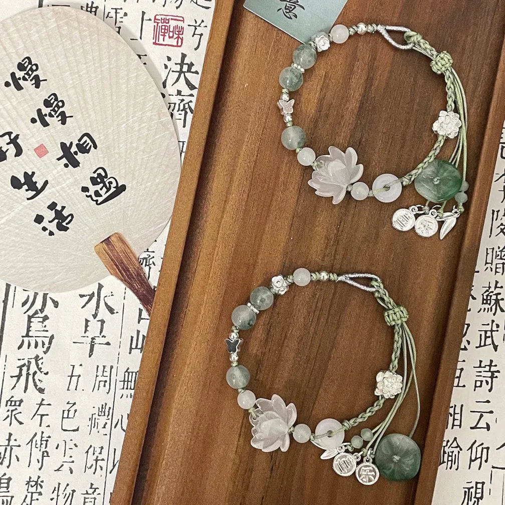 b23 Chinese Style Exquisite Lotus Leaf Lotus Bead Handmade Woven Rope Bracelet for Women's Fashion and High-end Jewelry Qme