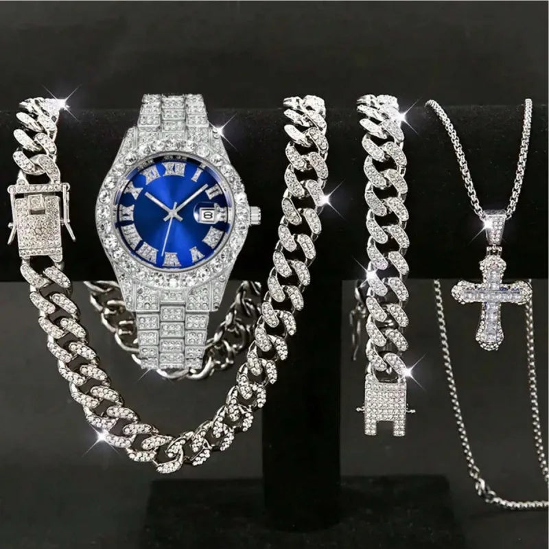 Men's Full Diamond Silver Watch and Jewelry Combo Set, Iced Out Cuban Chain + Bracelet + Cross Pendant + Watch, Perfect Gift Qme