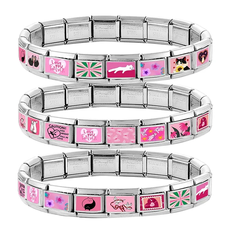 Y2K Plum Blossom Pink Black UFO Cute Flower Cat Italian Charm Link Fit 9mm Stainless Steel Module Women's Bracelet MakingJewelry Qme