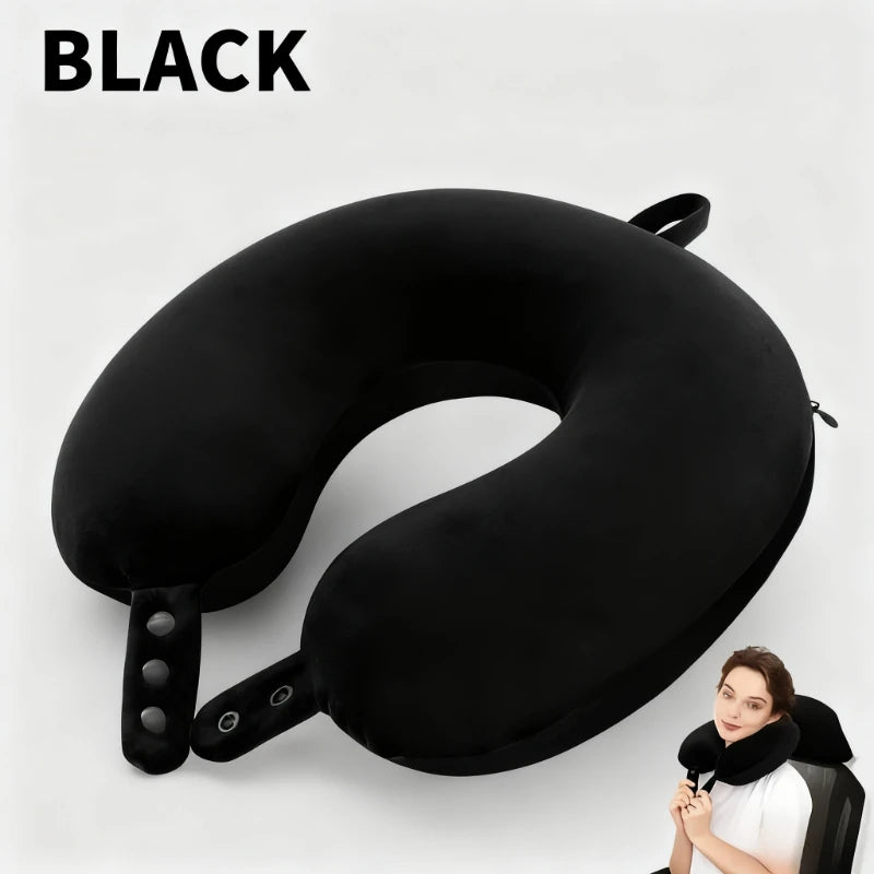 U-shaped Travel Pillow Medium Soft Support Adjustable Strap Portable Qme black