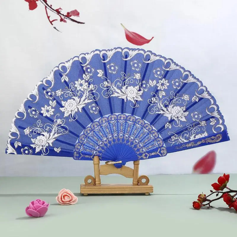 Gold Powder Plastic Fan Art Craft Home Decor Vintage Folding Chinese Qme
