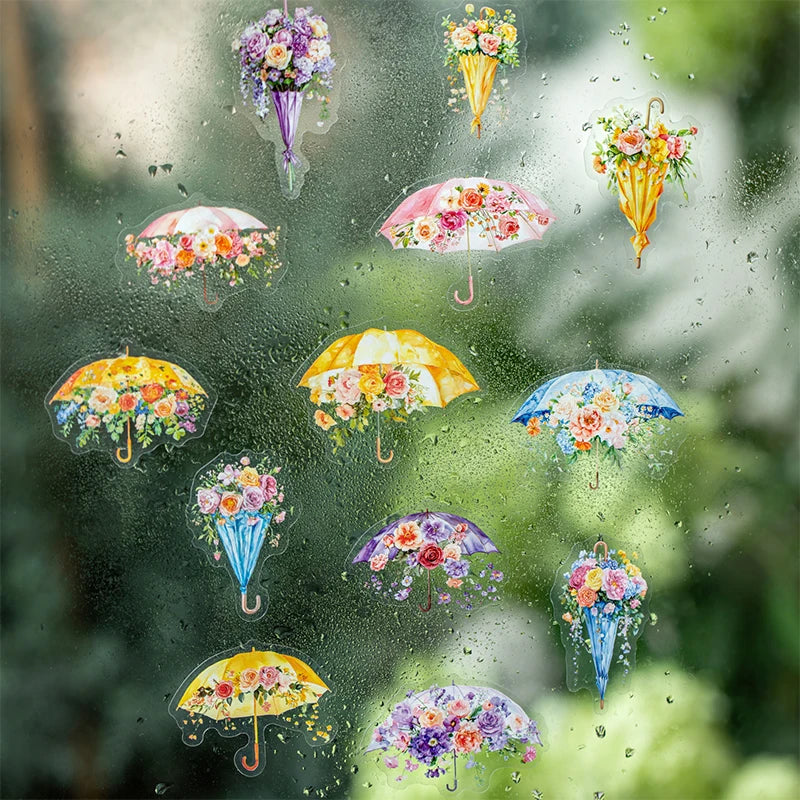 15 Sheets/bag Umbrella Floral PET Stickers for Scrapbooking DIY Journal Planner Collage Art Phone Case Notebook Decoration Qme