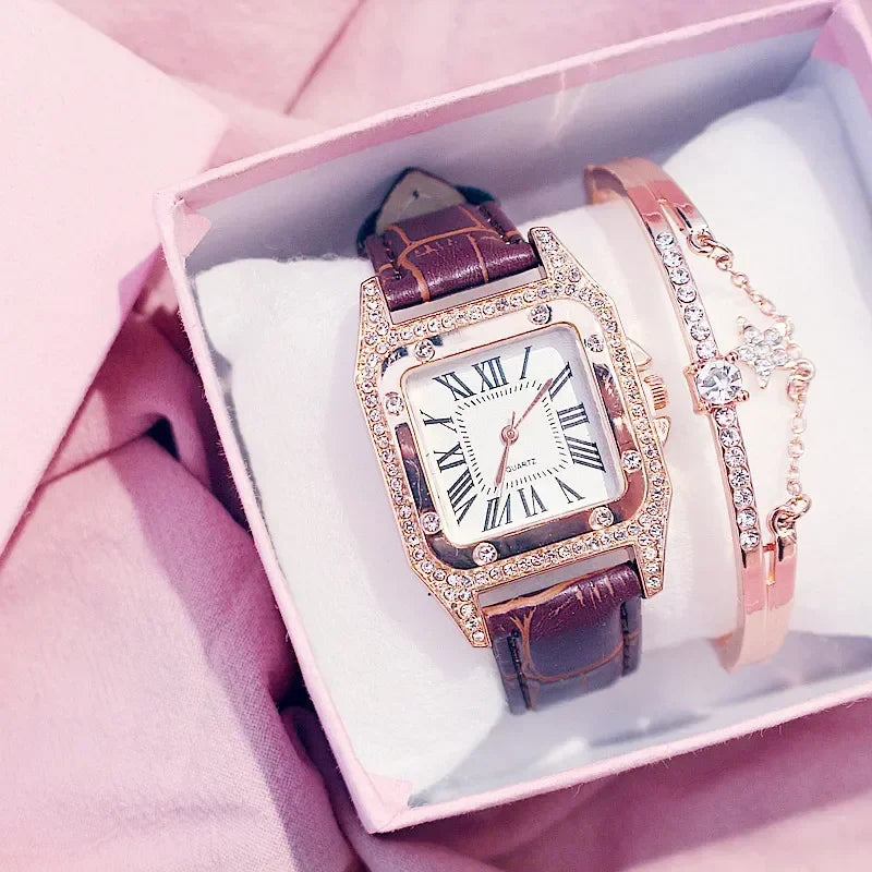 Women Diamond Watch Starry Square Dial Bracelet Watches Set Ladies Leather Band Quartz Wristwatch Female Clock Zegarek Damski Qme