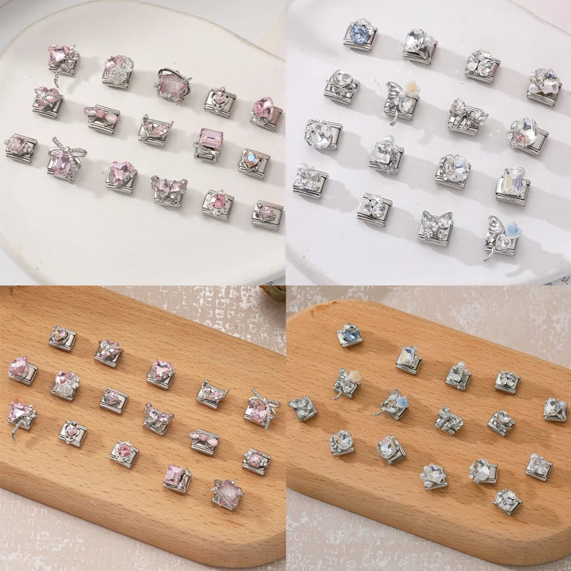 Y2K Blue Pink Gems Bows Heart Water Drop Butterfly Italian Charm Links Stainless Steel Fit 9mm Bracelet Jewelry DIY Making Gifts Qme