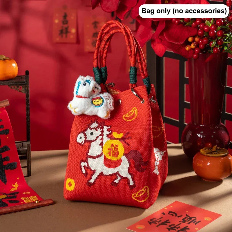 2026 Horse Year Cartoon Mascot Pony Knitted Bucket Bag Women Fashion