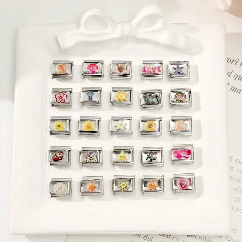 Design Colorful Earth Sun Sunflowers Stainless Steel Link fit 9mm Italian Flowers Series Jewelry Making DIY Charm Bracelet Gifts Qme