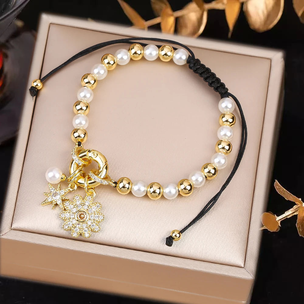 Venezuela Flag Cross Black Rope Braided Pearl Bracelet for Man Woman Party Wedding Crown Zirconia Jewelry Daily Wear Qme H