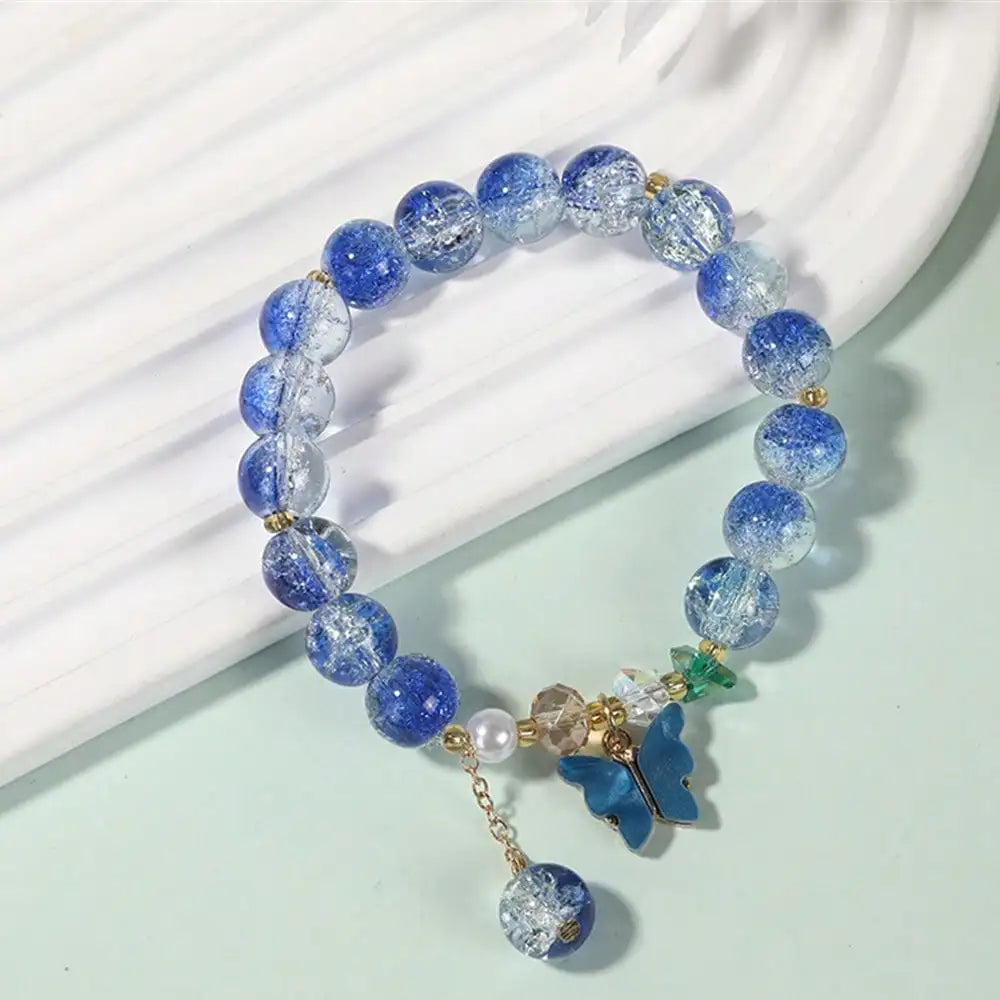 Handmade Beaded Bracelet Glass Crackle Crystal Pearl Butterfly Decor Qme blue