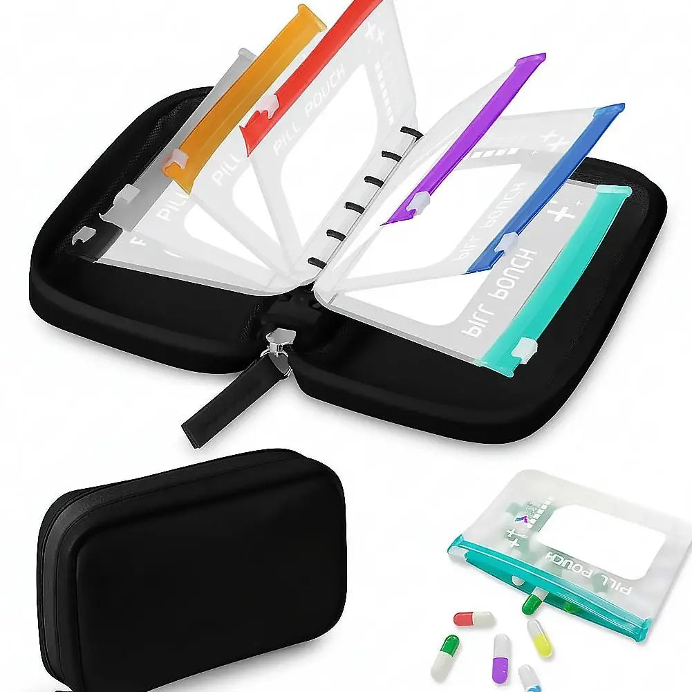Waterproof Pill Pouches Organizer Binder Case Color-coded Reusable Qme black 7pcs Pouches